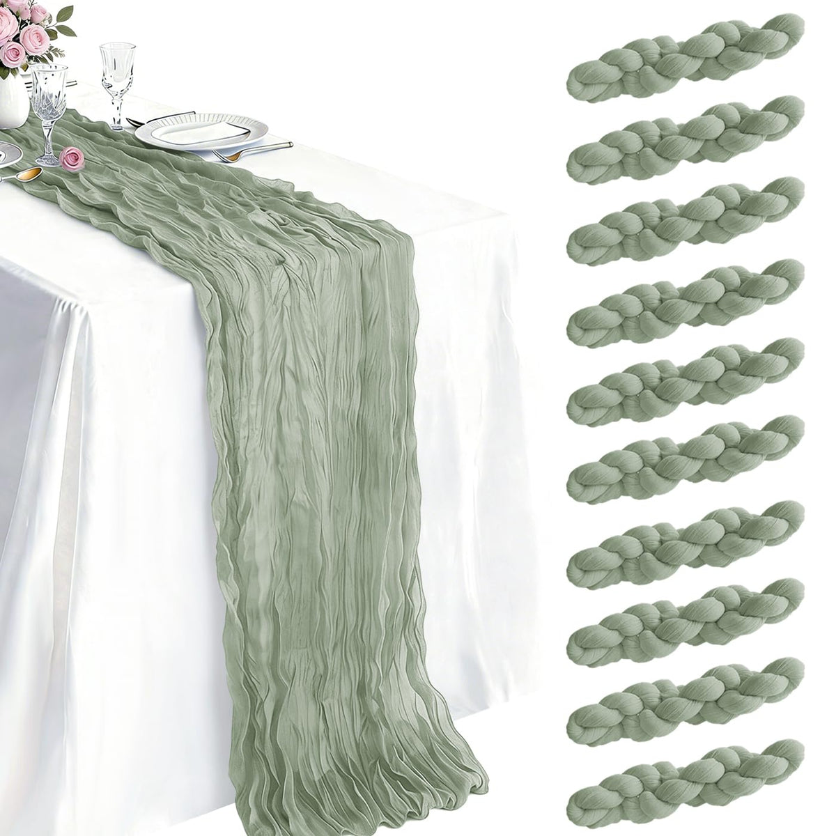 10 Pack Sage Green Cheesecloth Table Runner 21 x 120 Inch Boho Gauze Sheer Table Runner 10FT Long for Wedding Baby Shower Bridal Shower Easter Holiday Birthday Home Decor