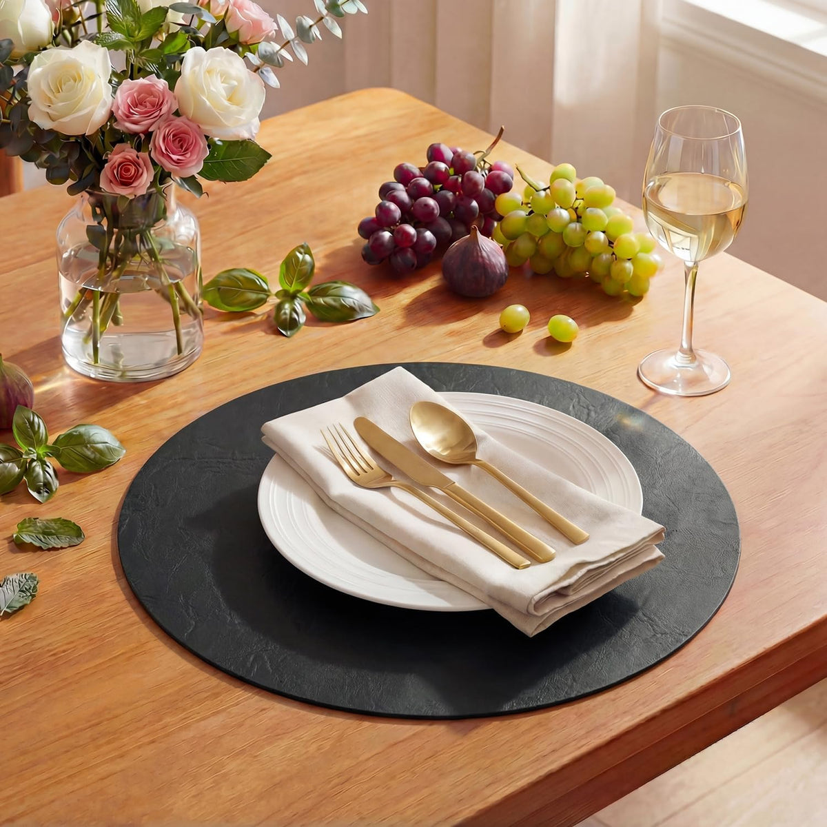 Artoid Mode Olive Green Faux Leather Placemats Set of 6, 15 Inch Waterproof Wipeable Heat Resistant Vinyl Place Mats, Reversible Table Mats for Kitchen Dining Decor