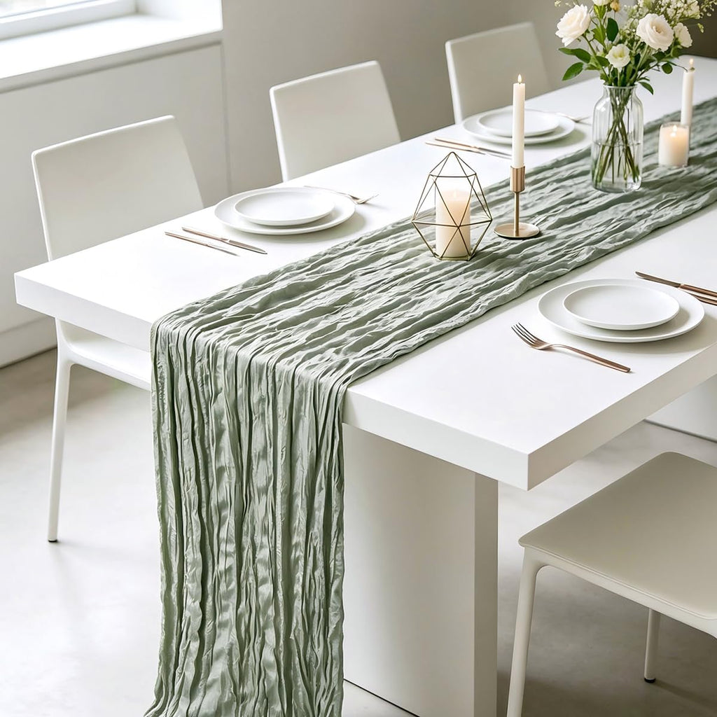 10 Pack Sage Green Cheesecloth Table Runner 21 x 120 Inch Boho Gauze Sheer Table Runner 10FT Long for Wedding Baby Shower Bridal Shower Easter Holiday Birthday Home Decor