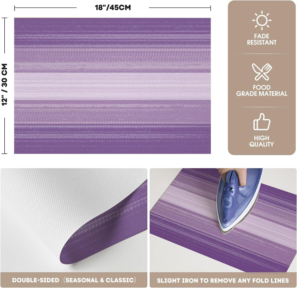 Artoid Mode Purple Gradient Stripes Placemats Set of 4, Washable Heat Resistant Non-Slip Woven Plastic Mardi Gras PVC Place Mats for Farmhouse Party Kitchen Dining Decor