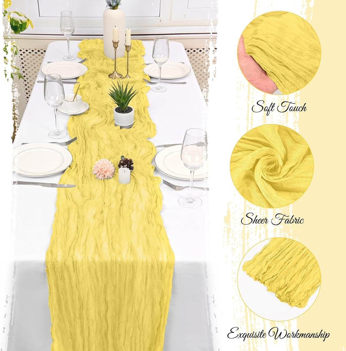 10 Pack Light Yellow Cheesecloth Table Runner 17x108 Inch Semi Sheer Boho Gauze Cheese Cloth Table Runners, for Wedding Bridal Shower Birthday Party Home Decor Garden Farmhouse