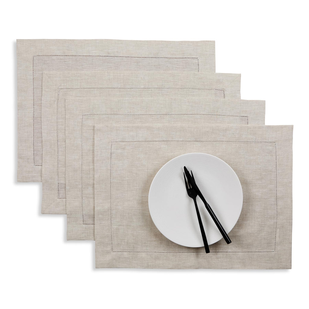 Solino Home 100% Pure Linen Placemats Green Hemstitch, 14 x 19 in, Set of 4