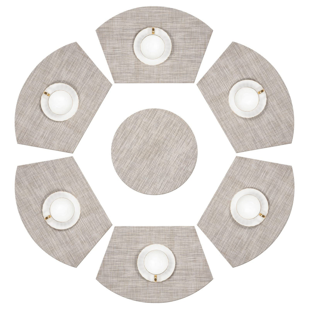 SHACOS Small Round Table Placemats Set of 5 Woven Vinyl Wedge Placemats with Centerpiece Round Table Mats Heat Resistant Wipe Clean (5, Black Gray)