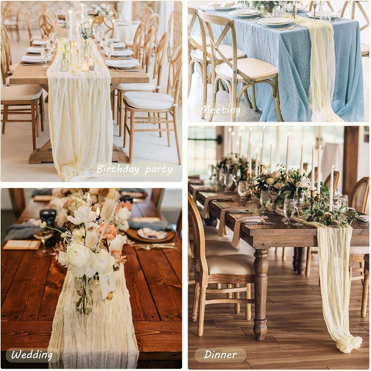12 Pack 10Ft Cheesecloth Table Runner 35x120 Inch Boho Gauze Rustic Cheese Cloth Long Romantic Table Runner for Wedding Bridal Shower Birthday Party Table Decor (Beige)