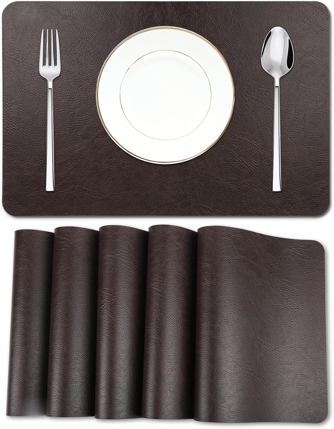 Cowhide Pattern Faux Leather Placemats Set of 6,Heat Resistant Non-Slip Waterproof Wipeable Washable Kitchen Dining PU Table Place Mats,Double-Sides Available,Black Brown