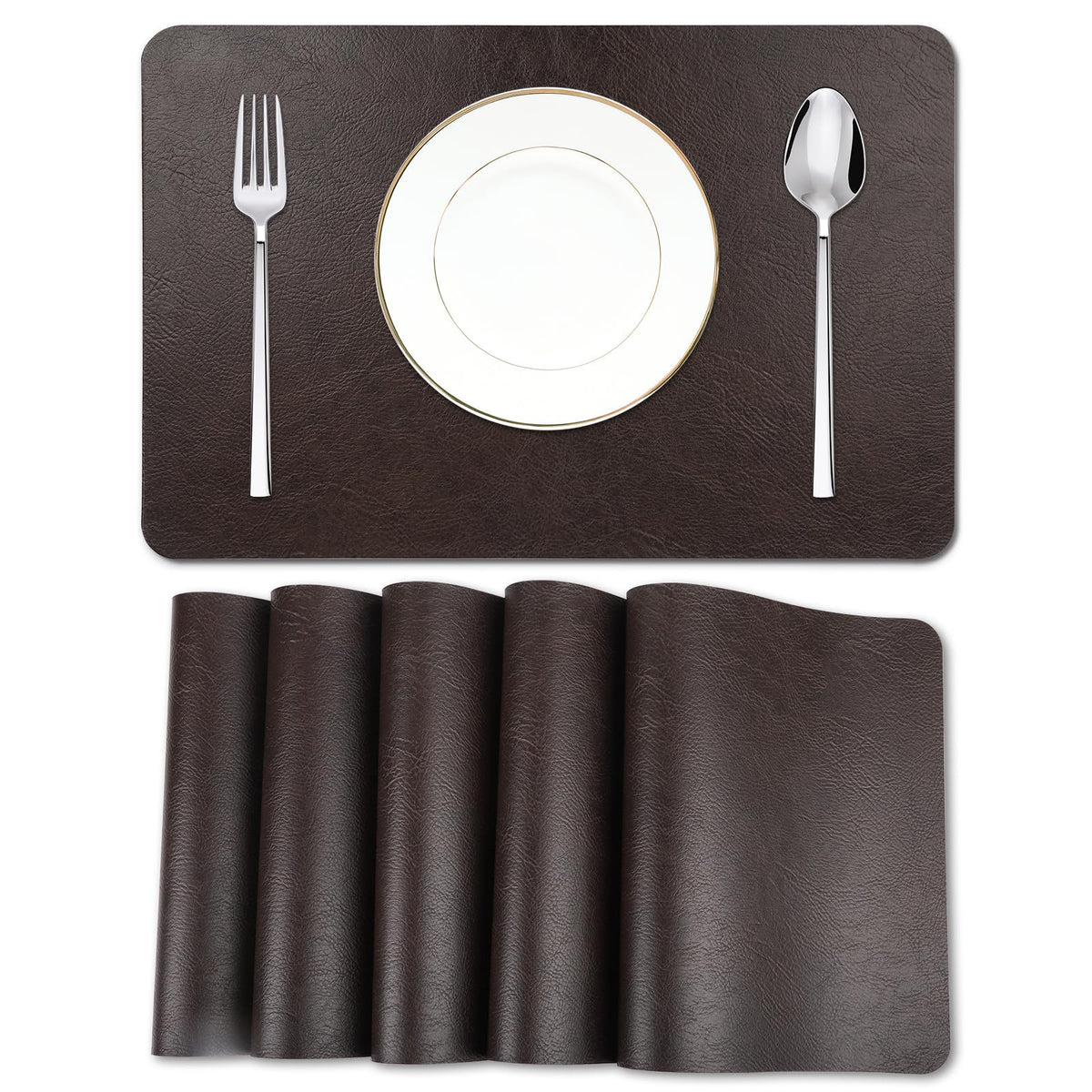 Cowhide Pattern Faux Leather Placemats Set of 6,Heat Resistant Non-Slip Waterproof Wipeable Washable Kitchen Dining PU Table Place Mats,Double-Sides Available,Black Brown