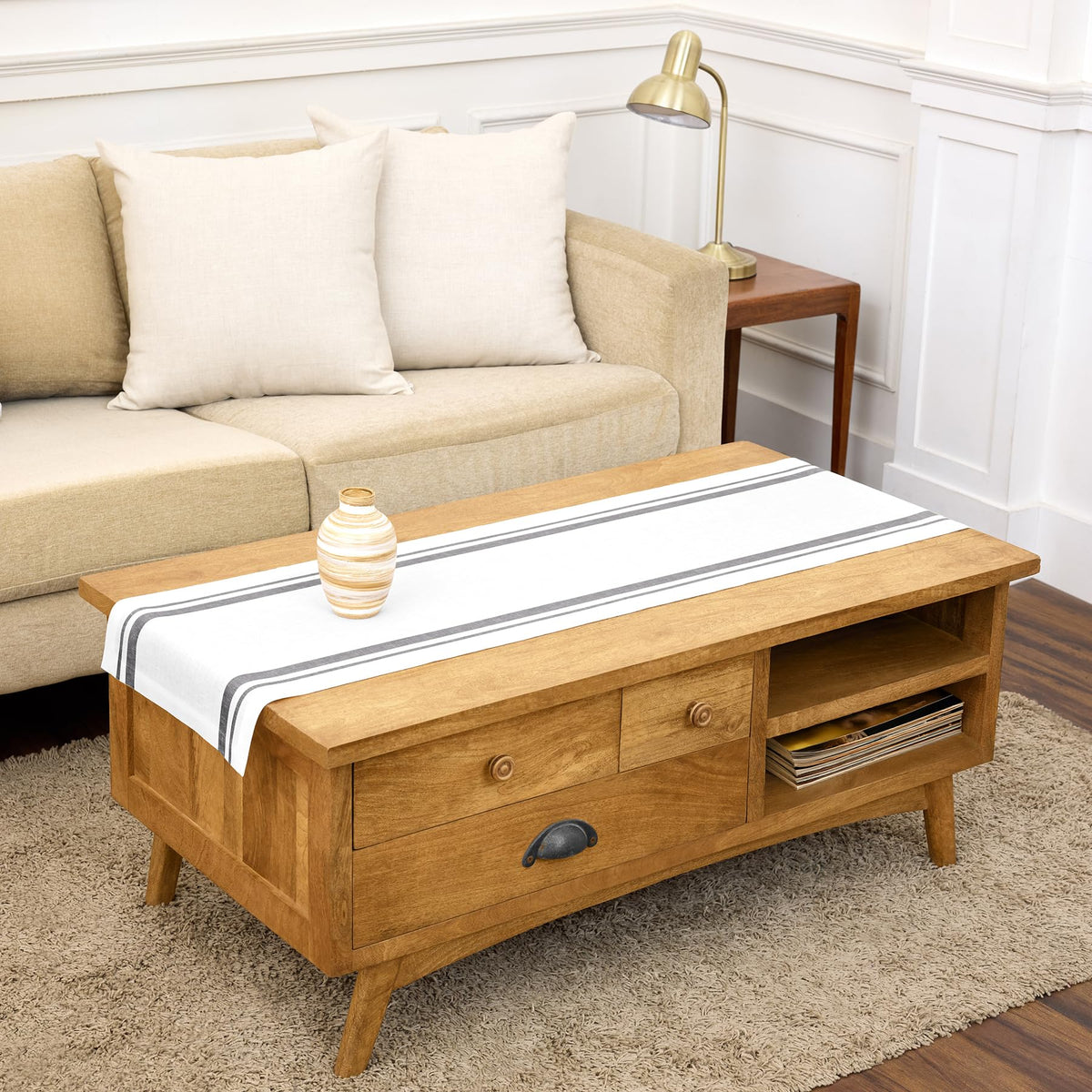 Solino Home 100% Pure Linen Table Runner, 14 x 108 in, Black, French Stripe