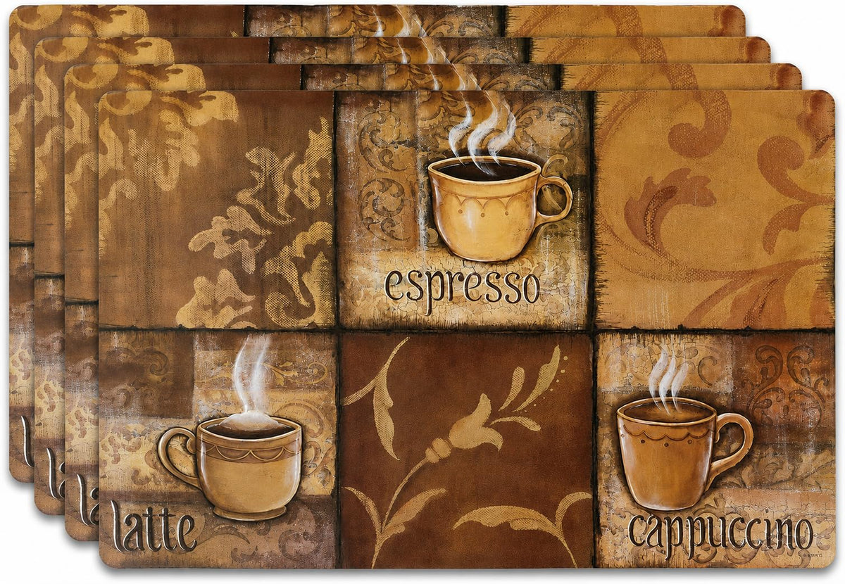 Vinyl Rectangular Placemats Set of 4 - Non Slip Place Mats Ideal for Indoor and Outdoor Dining Table - Washable and Heat Resistant Fall Placemats for Kitchen Tables (Coffee Tiles)