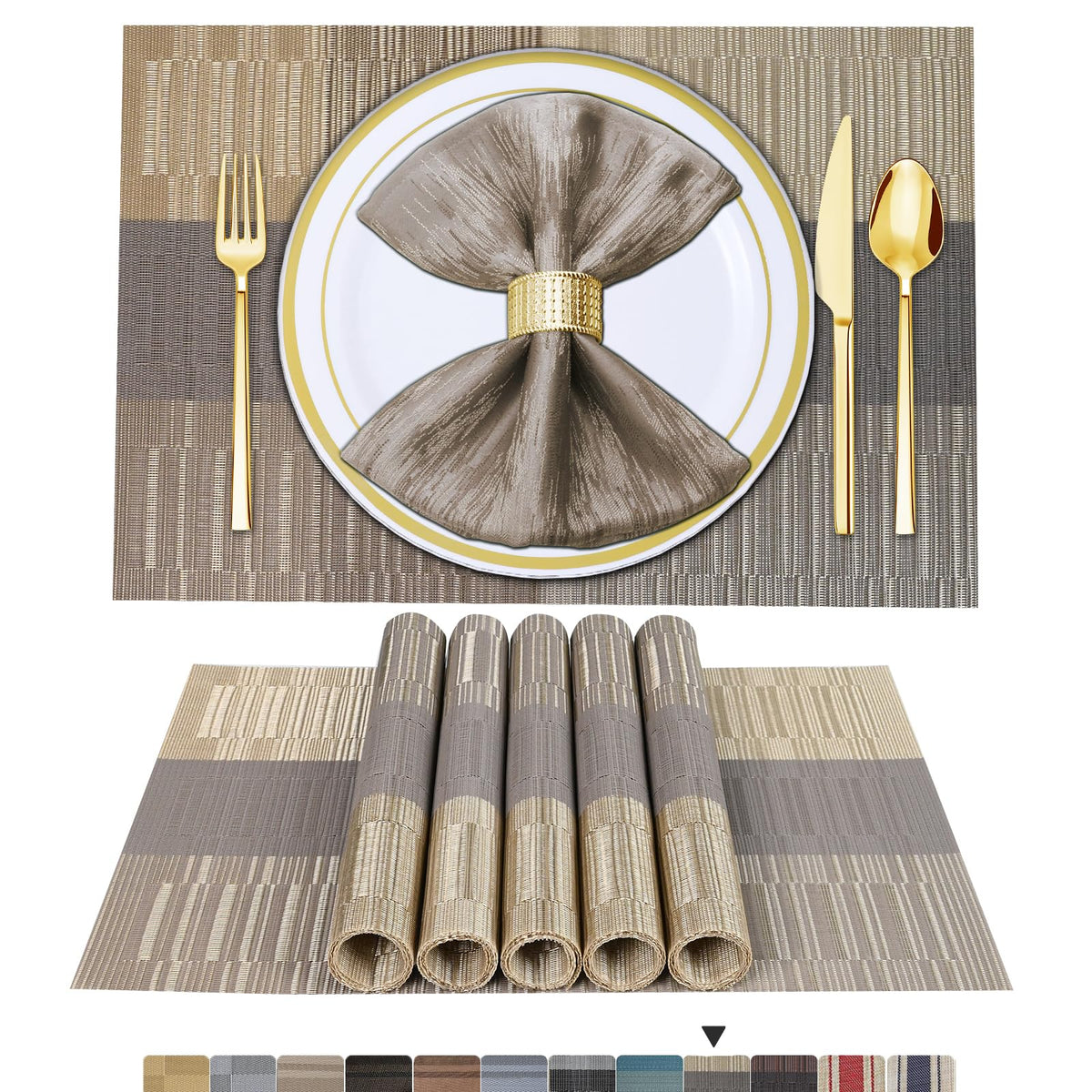 BETEAM Placemats Set of 8, Woven Vinyl Place Mats for Dining Table, Gray