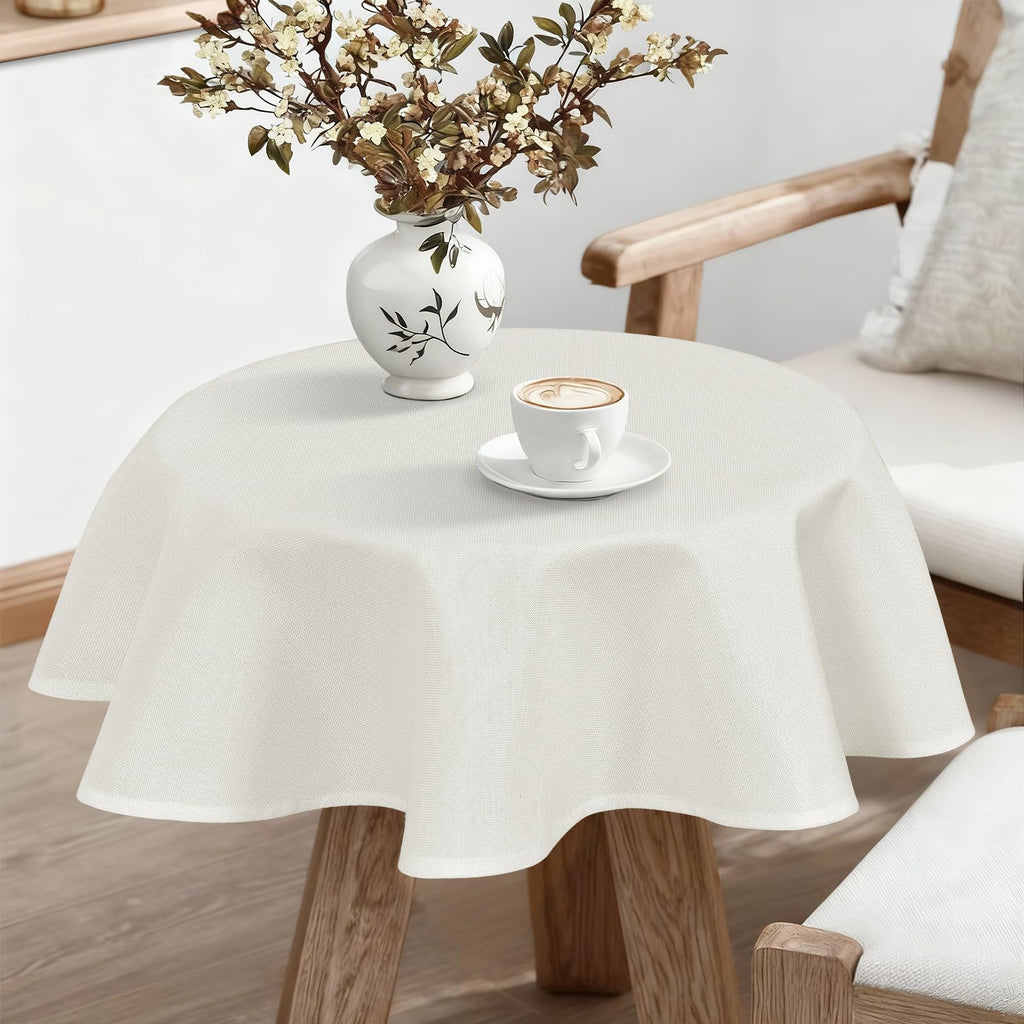 JIUZHEN Round Table Cloth Faux Linen Farmhouse Tablecloth Wrinkle and Stain Resistant Decorative Fabric Table Cover for Kitchen, Dining Room, Parties and Camping, Beige, 90 Inch Round