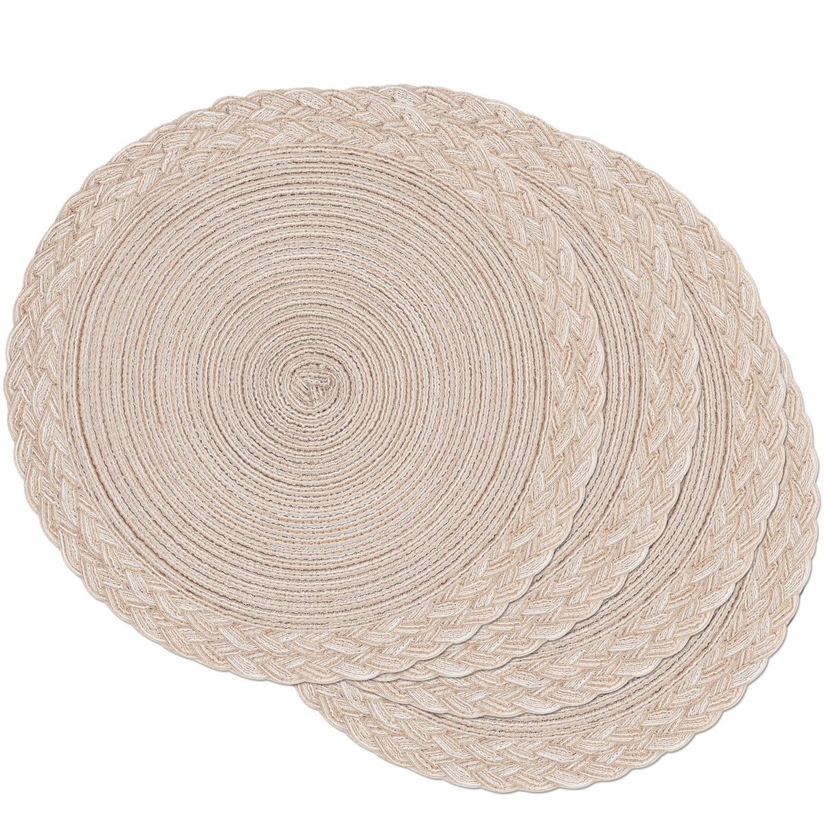 SHACOS 15 inch Round Placemats Set of 6 Boho Woven Braided Border Table Mats Washable Heat Resistant Circle Place Mats for Dining Table, Beige