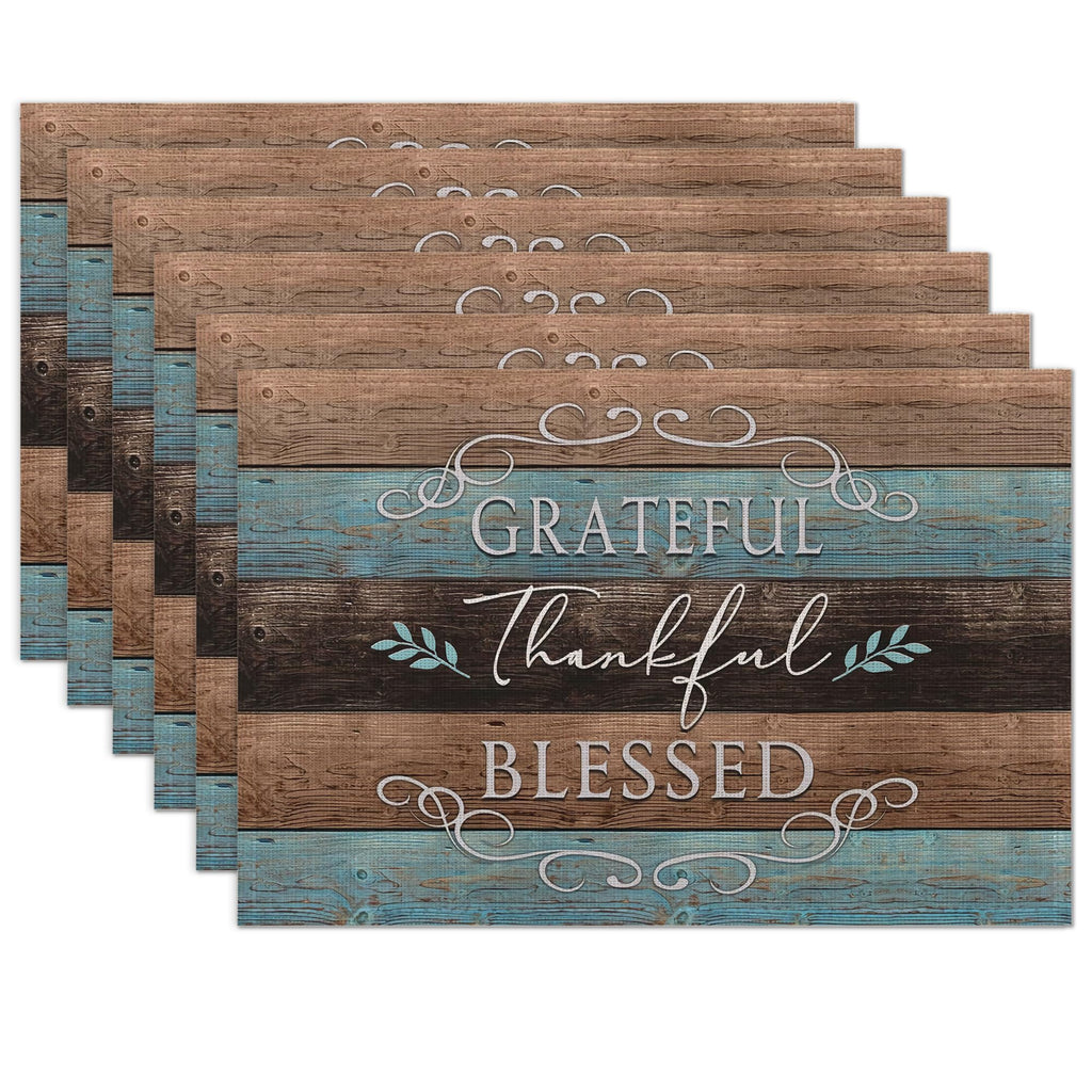 Thankful Grateful Blessed Placemats Set of 6 Place Mats for Kitchen Table Washable Farmhouse Linen Table Mats Dining Decoration 12x18 Inch