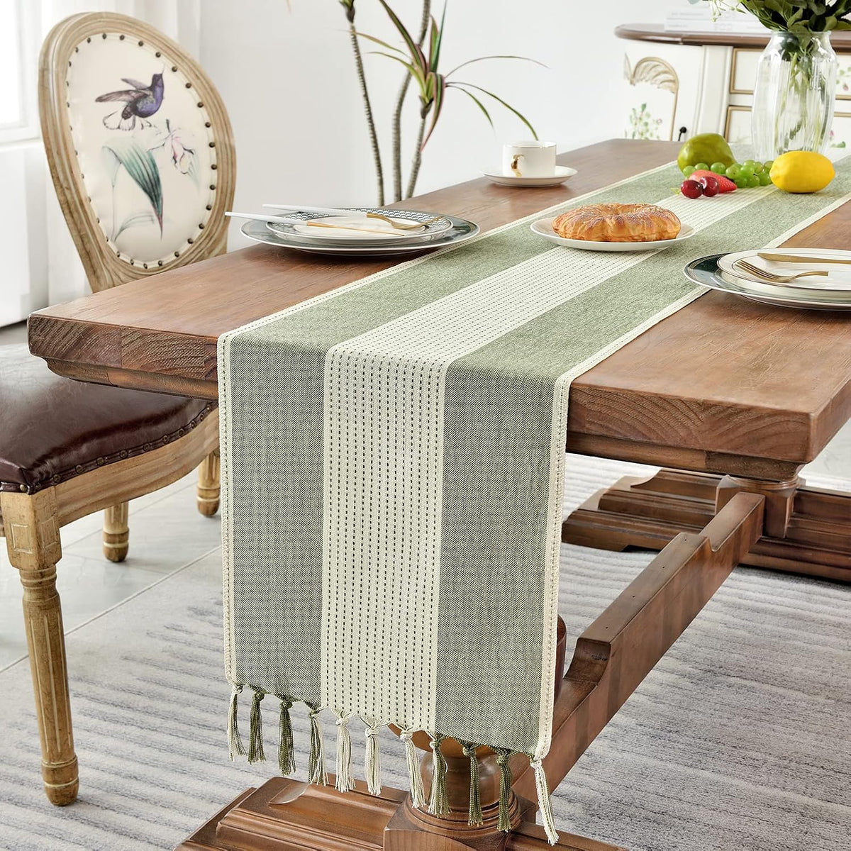 Wracra Linen Table Runner, Stripe Table Runners 72 Inches Sage Green