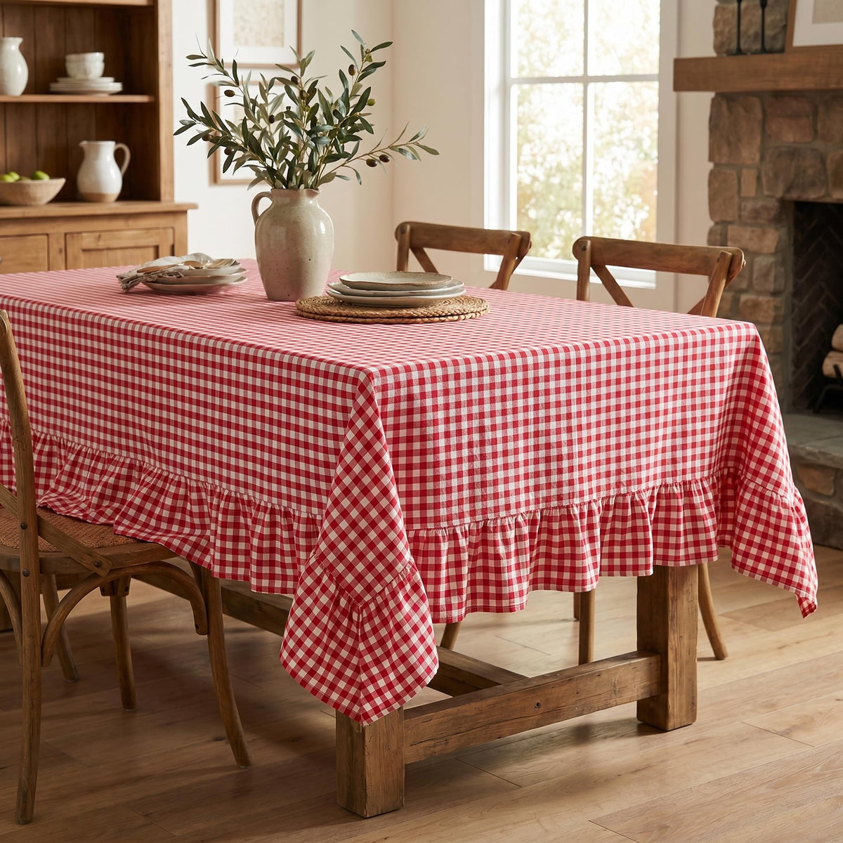 PartyDelight Gingham Ruffle Tablecloth Butter Yellow Washed Cotton Checkered Rectangular Table Cover for Farmhouse Kitchen Cute Cottagecore Birthday Party Decor, Soft Vintage (60x102 Fits 6-9 Seats)
