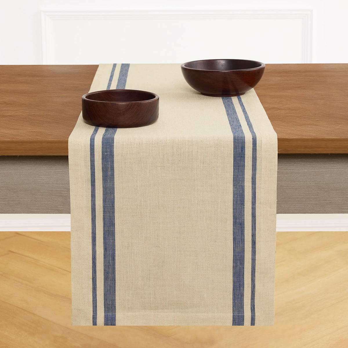 Solino Home 100% Pure Linen Table Runner, 14 x 108 in, Black, French Stripe