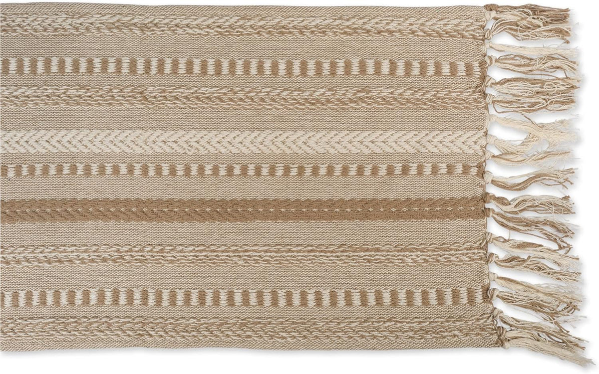 DII Braided Stripe Table Runner, 15x108 with 2.5" Fringe, Stone