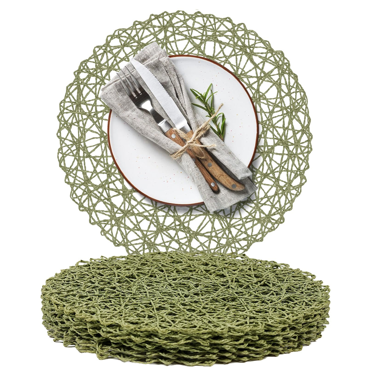 AHHFSMEI Paper Braided Round Placemats Set of 12 Natural Non-Slip Heat Resistant Table Mats for Dining Tables Woven Indoor & Outdoor Place mats(Green,12)