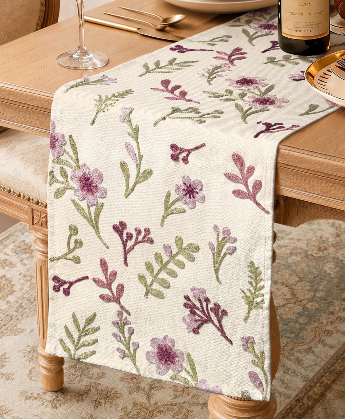 Miss Adola Embroidered Canvas Table Runner 13"x72", Wild Flower