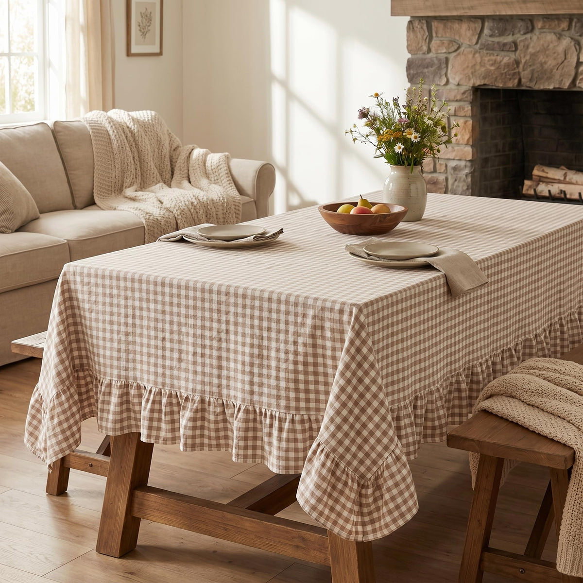 PartyDelight Gingham Ruffle Tablecloth Butter Yellow Washed Cotton Checkered Rectangular Table Cover for Farmhouse Kitchen Cute Cottagecore Birthday Party Decor, Soft Vintage (60x102 Fits 6-9 Seats)