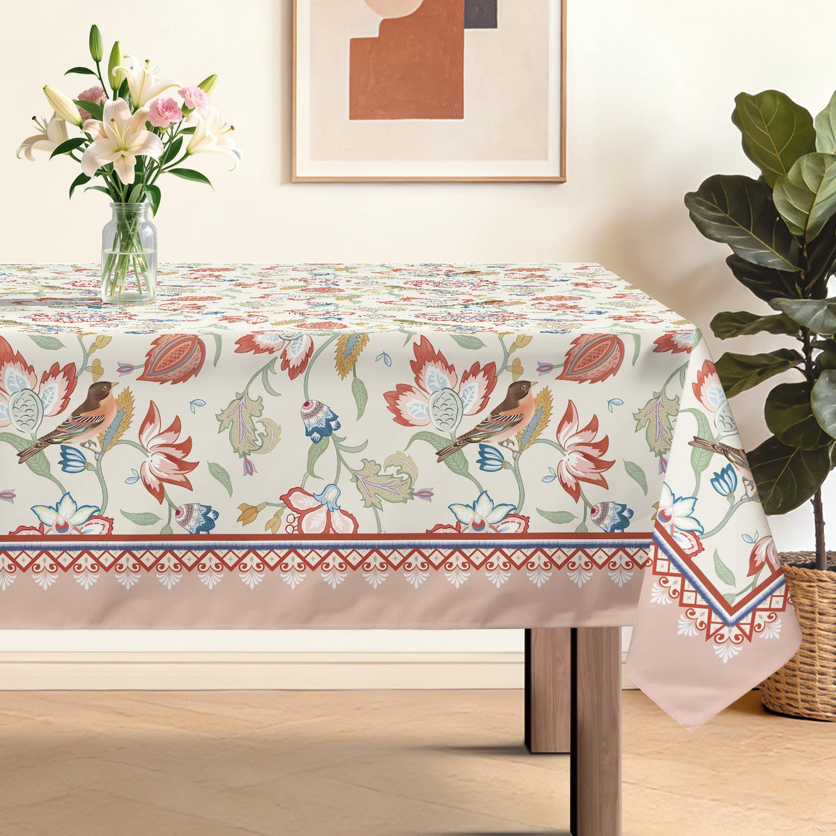 Spring Flower Leaves Washable Rectangle Table Cloth 60x84inch