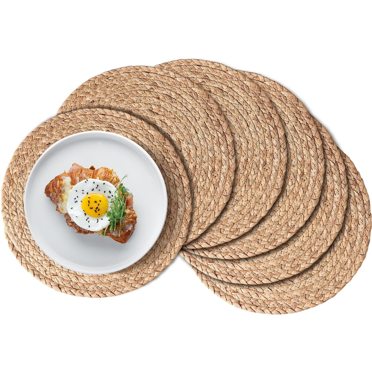 Aofmee 12 inch Round Woven Placemats Set of 6, Boho Rattan Place Mats, Natural Water Hyacinth Table Placemats, Farmhouse Weave Table Mats, Rustic Braided Wicker Charger Plates for Dining Table Decor