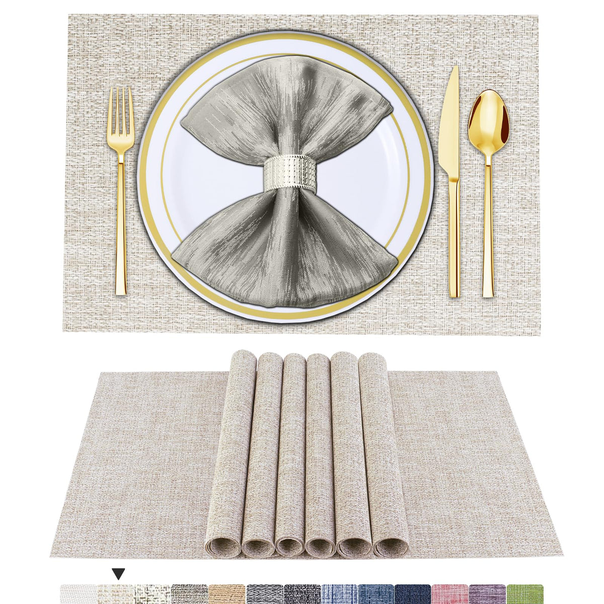 BETEAM Placemats Set of 8, Woven Vinyl Place Mats for Dining Table, Gray