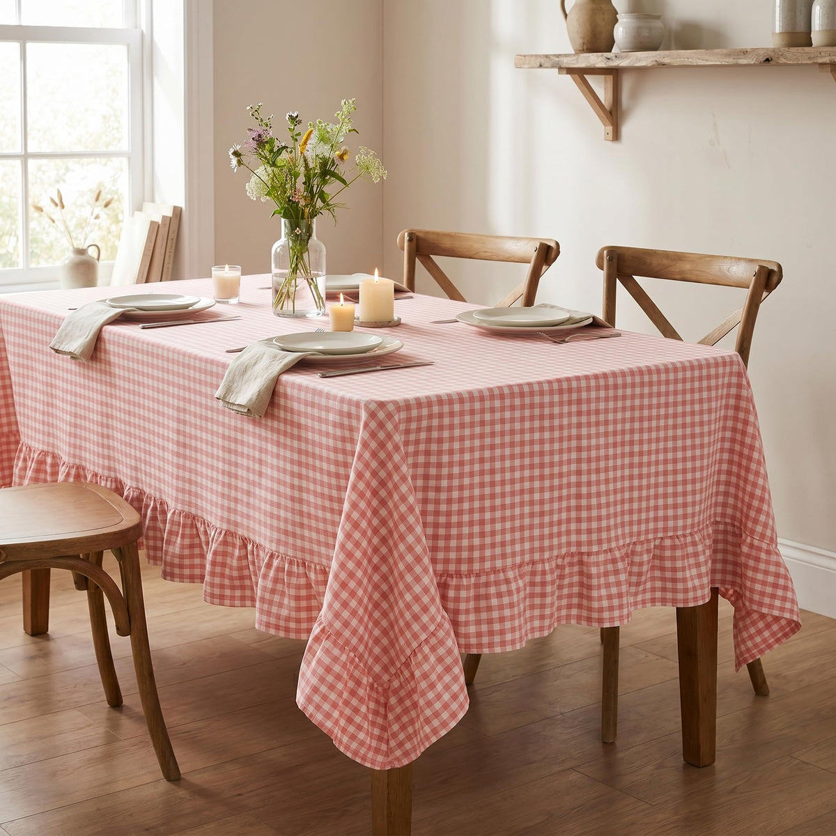 PartyDelight Gingham Ruffle Tablecloth Butter Yellow Washed Cotton Checkered Rectangular Table Cover for Farmhouse Kitchen Cute Cottagecore Birthday Party Decor, Soft Vintage (60x102 Fits 6-9 Seats)