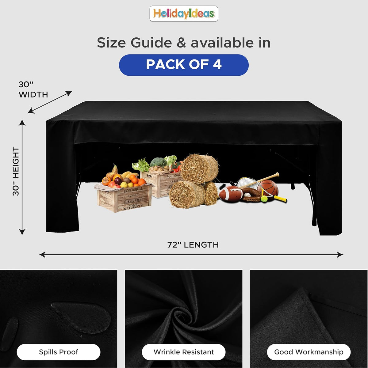 HolidayIdeas 4-Pack 6ft Open Back Fitted Tablecloths for Craft Shows Black