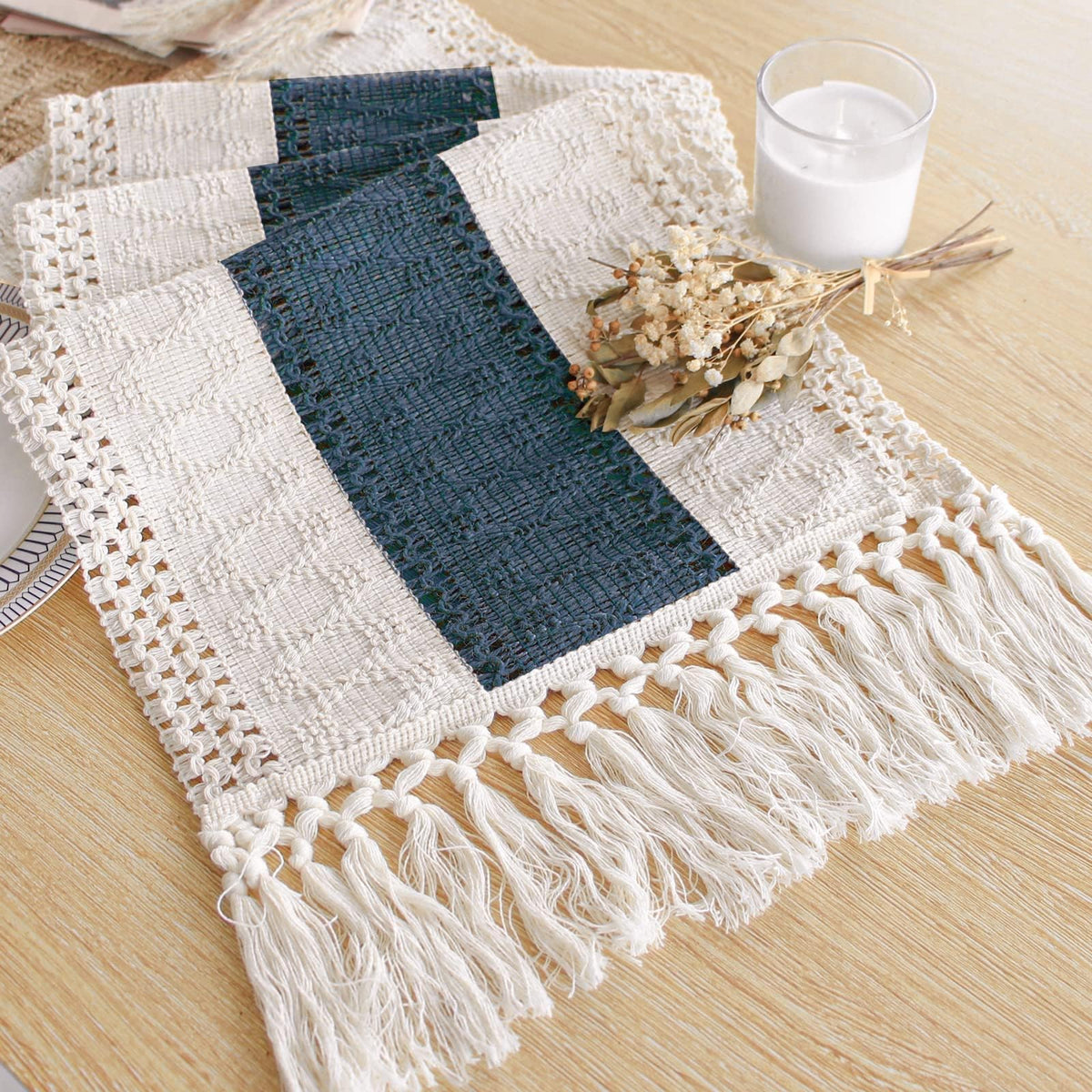 FEXIA Boho Table Runner for Fall Home Decor 12x72 Rustic with Tassels