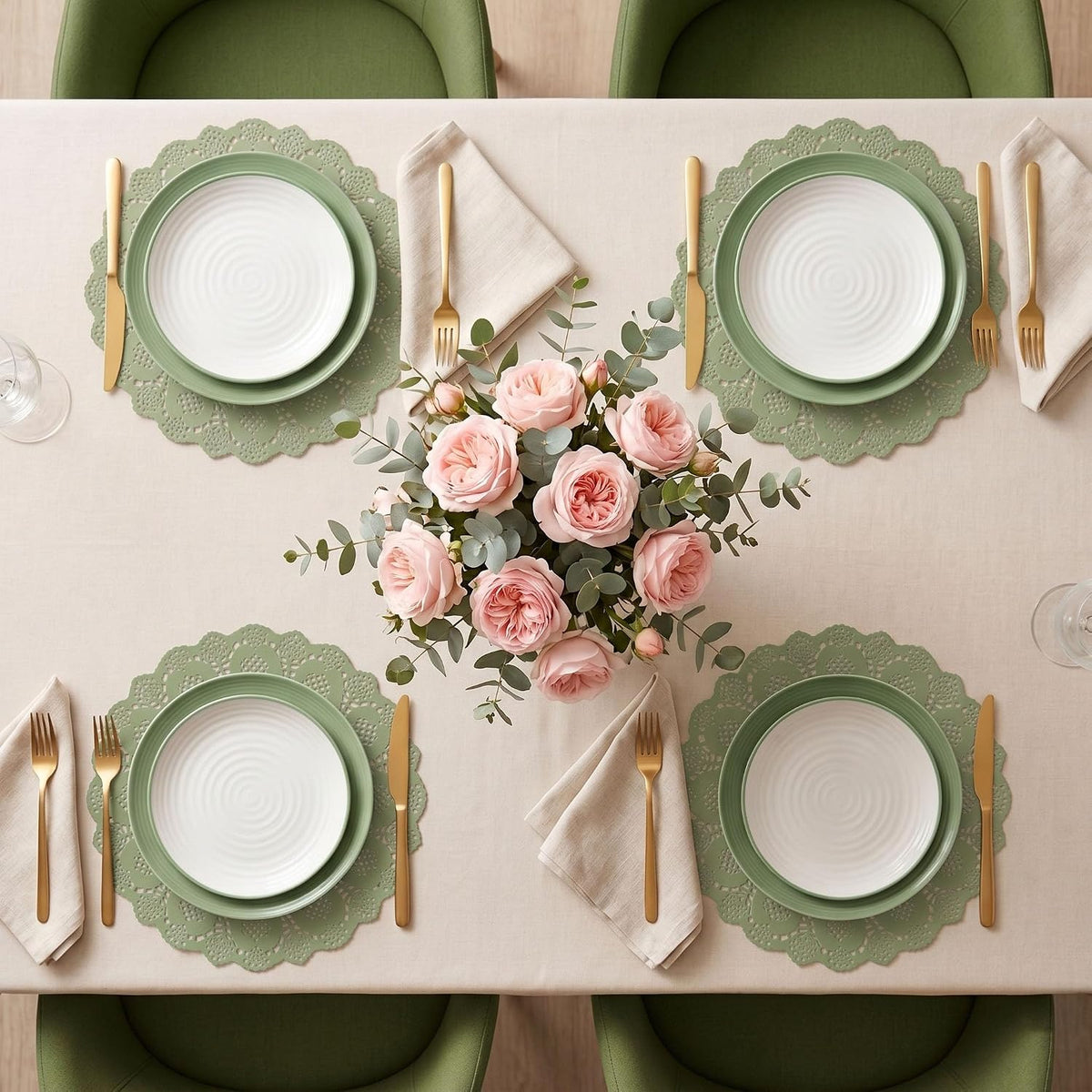 100 Pack 13.5 Inch Round Sage Green Paper Doilies, Disposable Lace Placemat