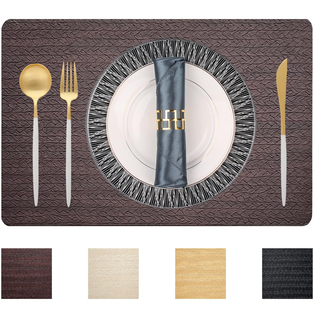 PIGCHCY Place Mats Heat-Resistant Non Slip Placemats Washable Easy to Clean Woven Vinyl Placemats for Dining Table (Set of 4, Brown)