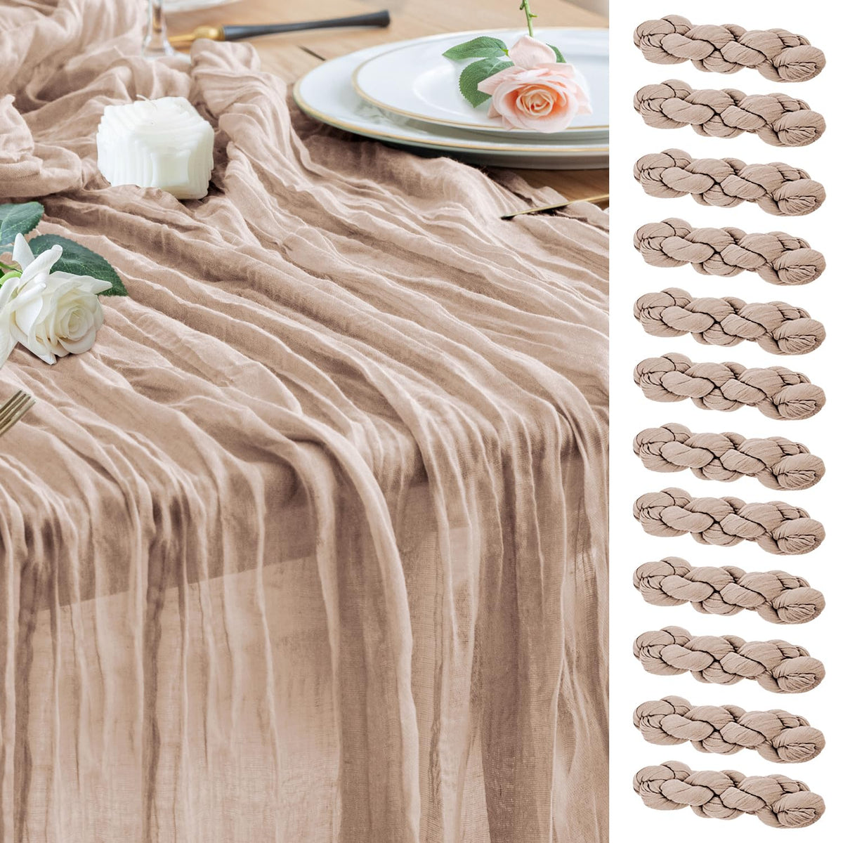 Wokceer Cheesecloth Table Runner Beige 10FT Boho Gauze Runner, 2 Pack