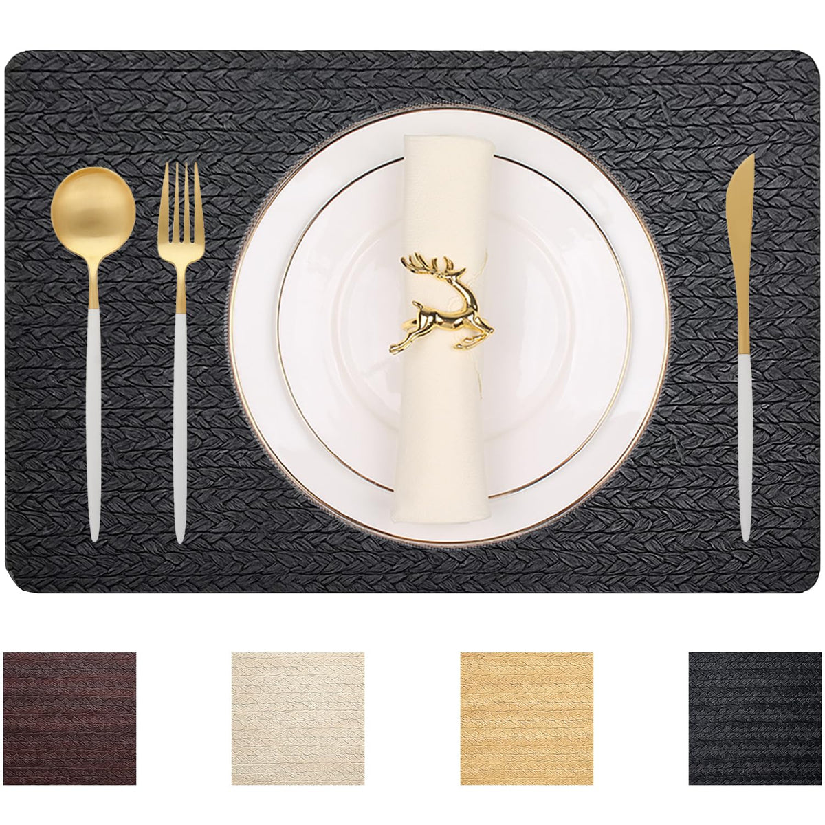 PIGCHCY Place Mats Heat-Resistant Non Slip Placemats Washable Easy to Clean Woven Vinyl Placemats for Dining Table (Set of 4, Brown)