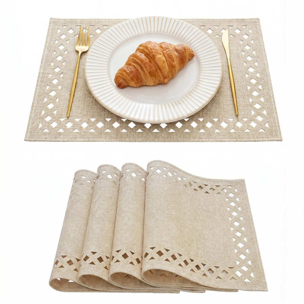 Artoid Mode Farmhouse Placemats Set of 4, Linen Textured Lattice Cutwork Place Mats for Kitchen Dining Table Decor and Outdoor Party, 12 x 18 Inchs, Yellow