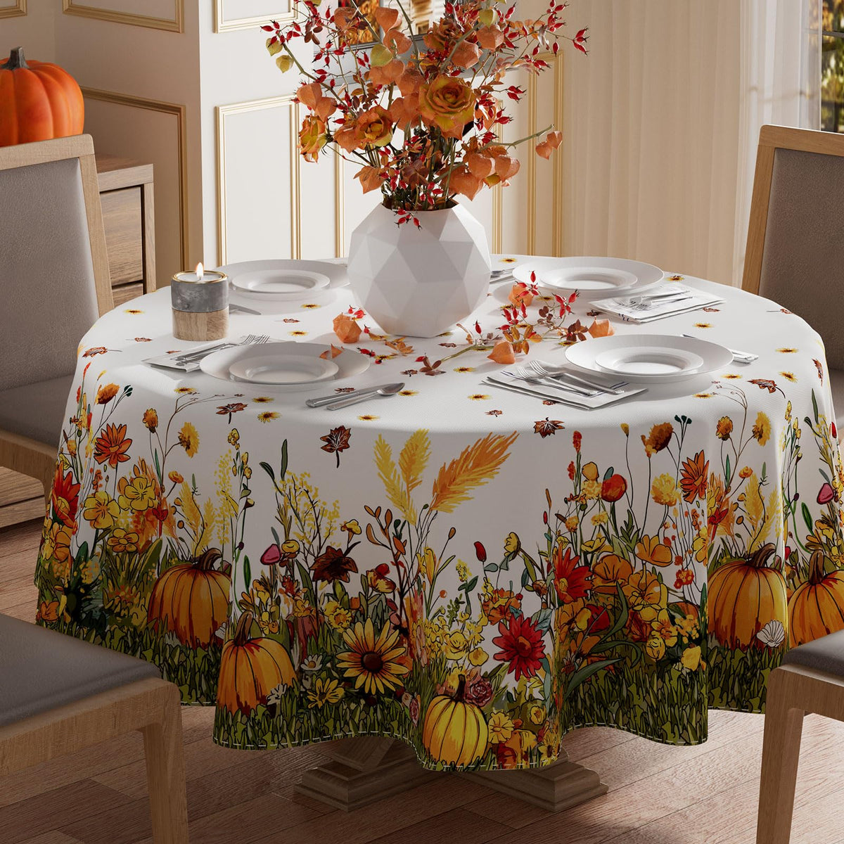 XCHI Fall Wild Flowers Pumpkin Rectangle Tablecloth Decorations 60x104 Inch