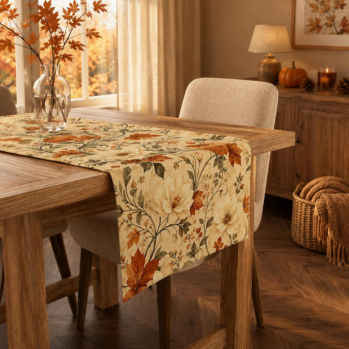 Thanksgiving Table Decor - Vintage Autumn Pumpkin Floral Table Runner