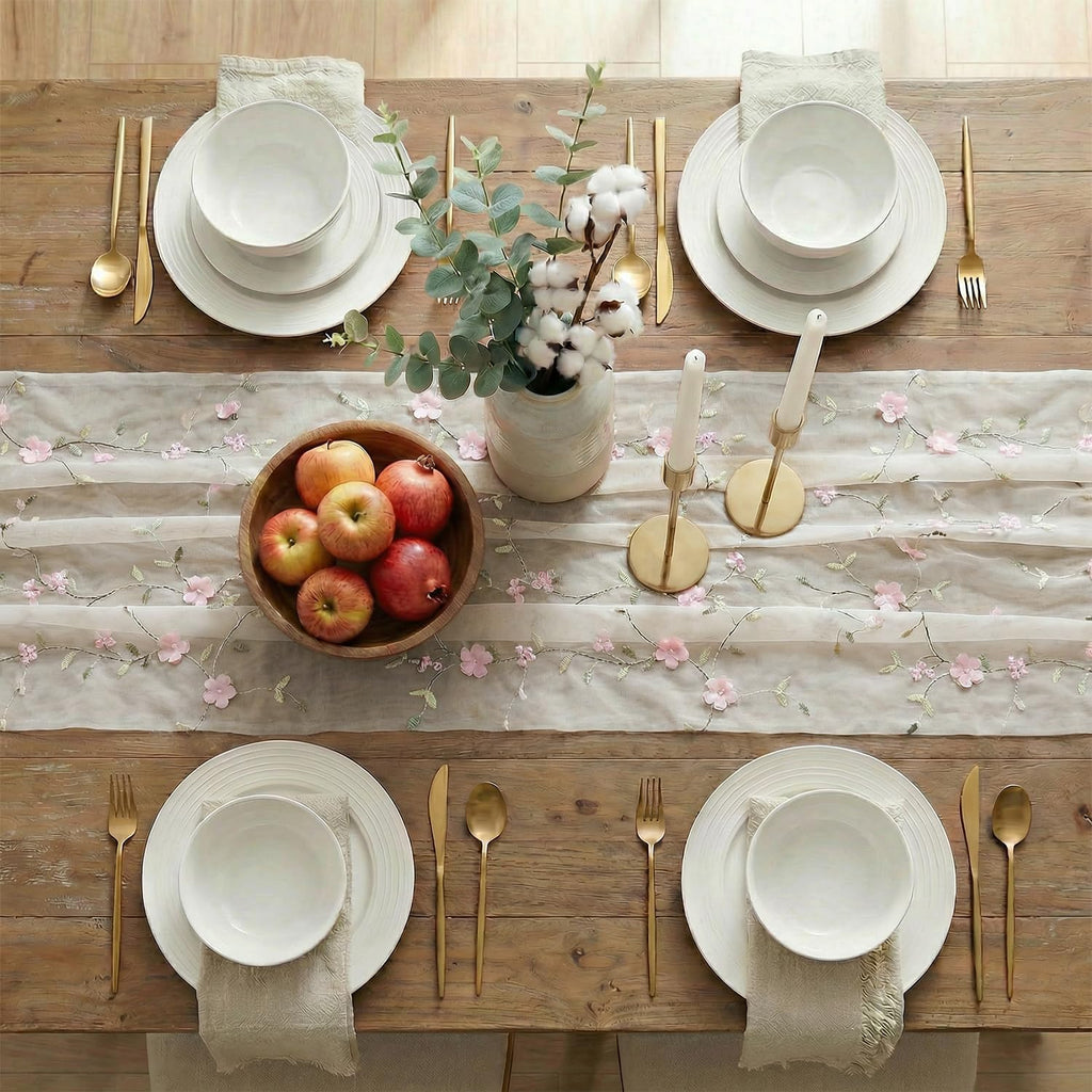 Artoid Mode Pink 3D Flower Gauze Embroidery Table Runner 120 Inch 10FT