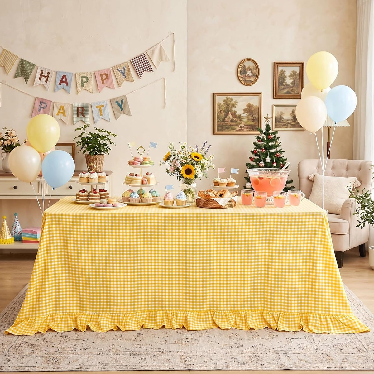 PartyDelight Gingham Ruffle Tablecloth Butter Yellow Washed Cotton Checkered Rectangular Table Cover for Farmhouse Kitchen Cute Cottagecore Birthday Party Decor, Soft Vintage (60x102 Fits 6-9 Seats)