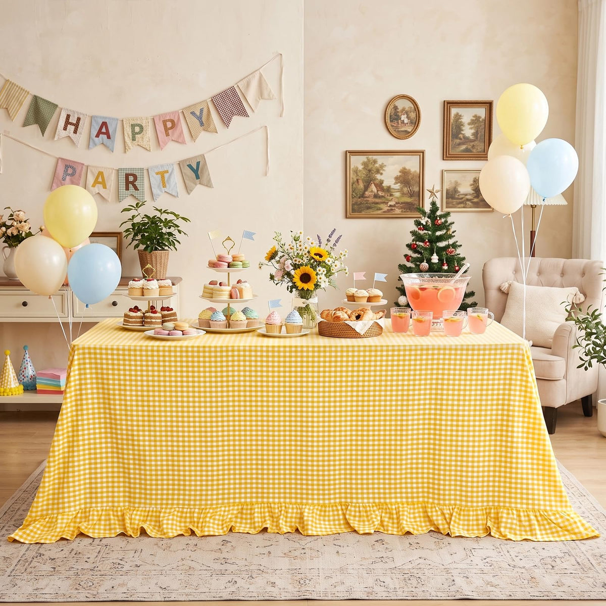 PartyDelight Gingham Ruffle Tablecloth Butter Yellow Washed Cotton Checkered Rectangular Table Cover for Farmhouse Kitchen Cute Cottagecore Birthday Party Decor, Soft Vintage (60x102 Fits 6-9 Seats)