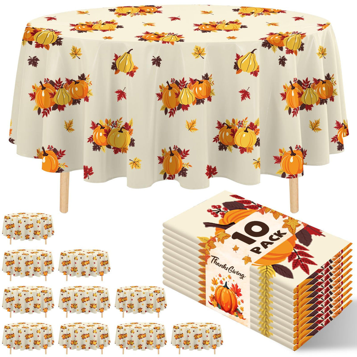 10 Pack Gold Round Tablecloth 84 Inch Round Plastic Table Cloth Disposable Waterproof Table Cover for Wedding Birthday Bridal Shower Party Decorations