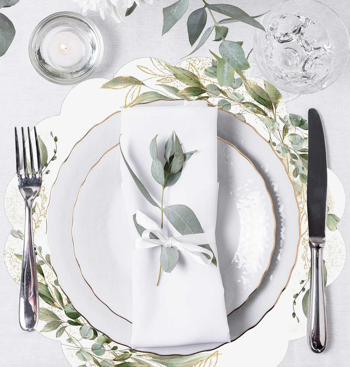 50Pcs Green Eucalyptus Disposable Paper Placemats 13.5 Inch Round Scalloped