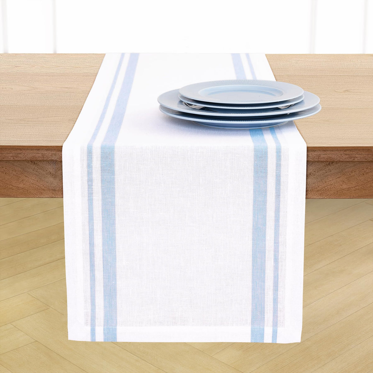 Solino Home 100% Pure Linen Table Runner, 14 x 108 in, Black, French Stripe