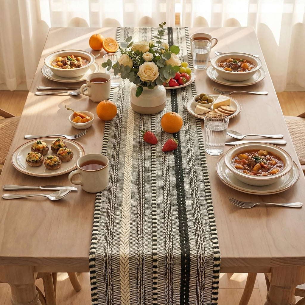 Artoid Mode Black Farmhouse Stripe Braided Table Runner 12x72 Inch