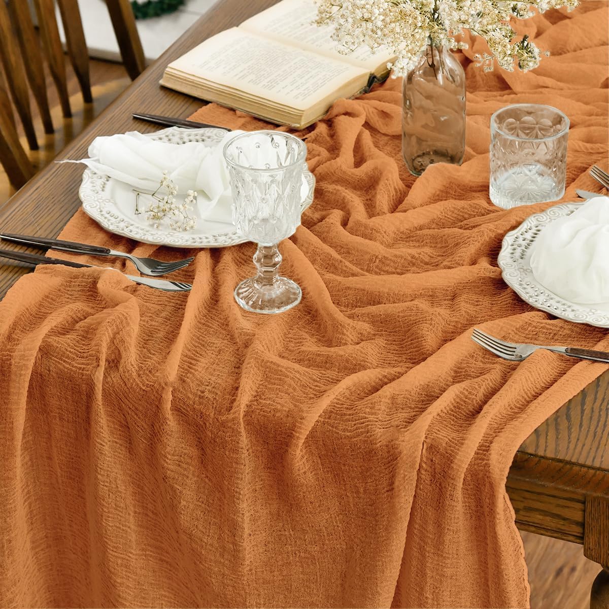 Artoid Mode Boho Cheesecloth Gauze Forest Green Wedding Table Runner, 160 Inch Seasonal Fabric Kitchen Dining Holiday Table Decor for Home Party Indoor