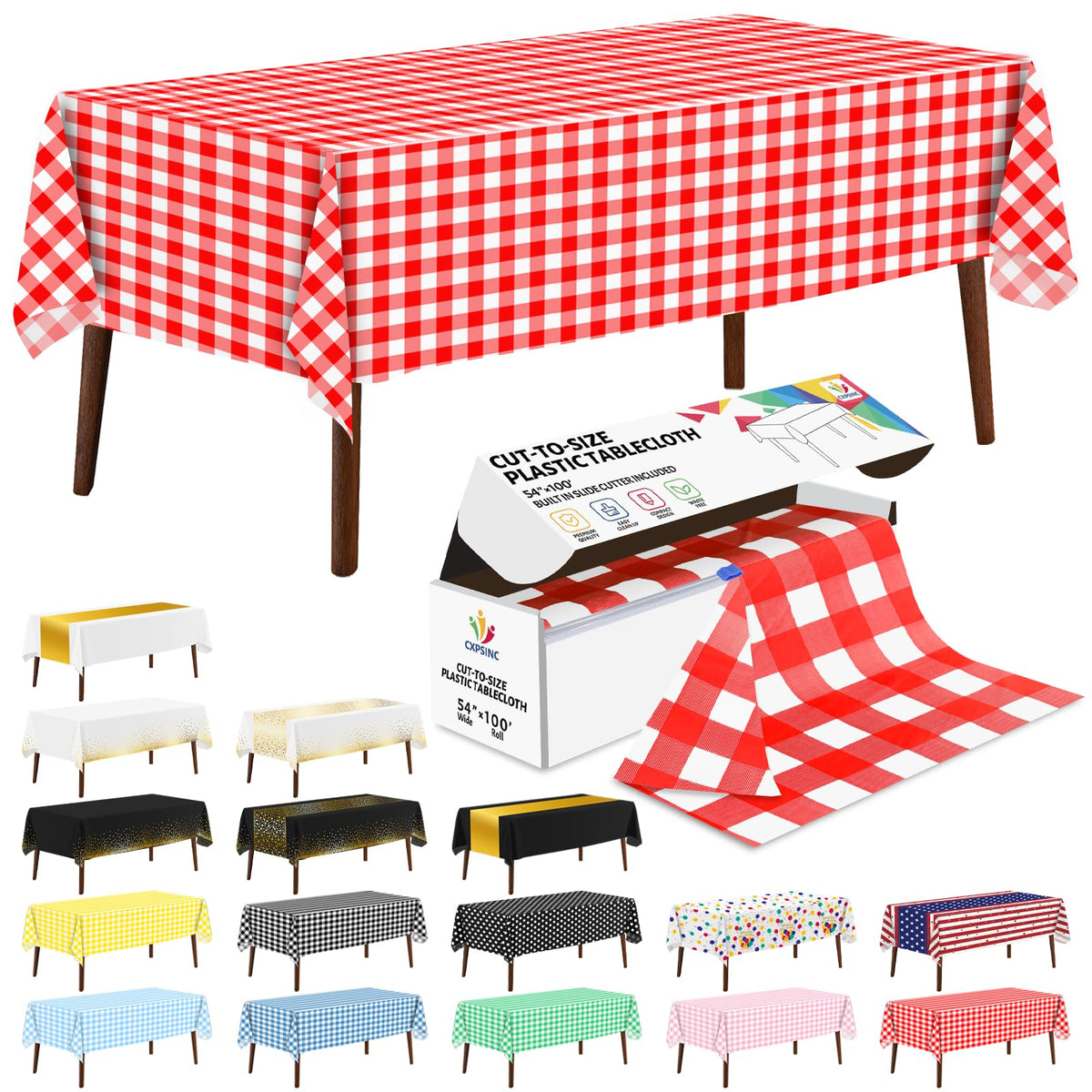 CXPSINC White Plastic Table Cloth Disposable Tablecloth Roll 54 Inch X 300 Feet Plastic Table Cover Roll with Slide Cutter for Picnics, Parties, Banquet, Birthdays, Weddings