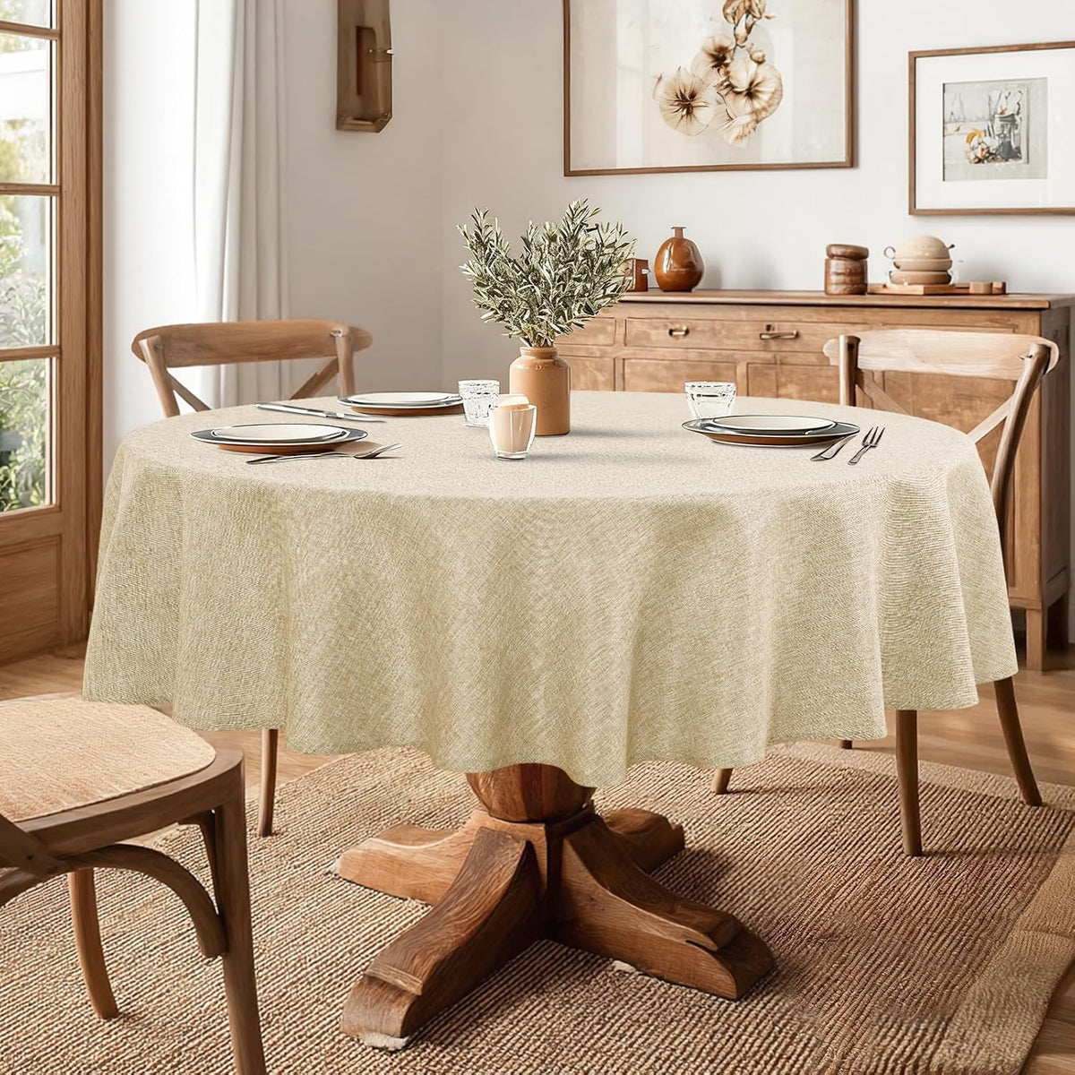 JIUZHEN Round Table Cloth Faux Linen Farmhouse Tablecloth Wrinkle and Stain Resistant Decorative Fabric Table Cover for Kitchen, Dining Room, Parties and Camping, Beige, 90 Inch Round