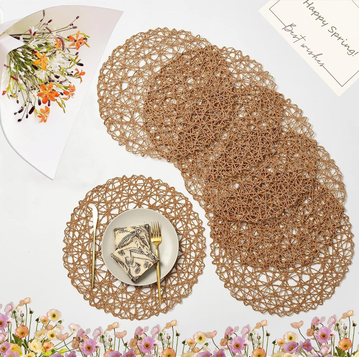 IcosaMro Beige Round Placemats Set of 6 for Dining Table, 15 Inch Paper Woven Boho Decorative Circle Place Mat for Wedding Christmas Thanksgiving Day Holiday Dinner, Beige