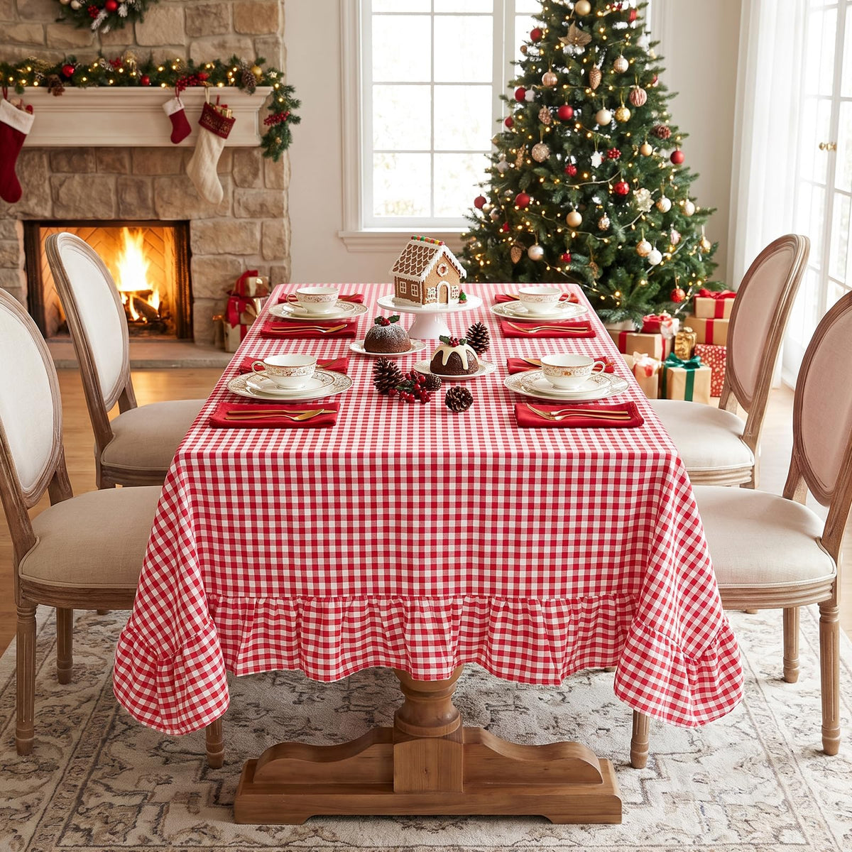 PartyDelight Gingham Ruffle Tablecloth Butter Yellow Washed Cotton Checkered Rectangular Table Cover for Farmhouse Kitchen Cute Cottagecore Birthday Party Decor, Soft Vintage (60x102 Fits 6-9 Seats)