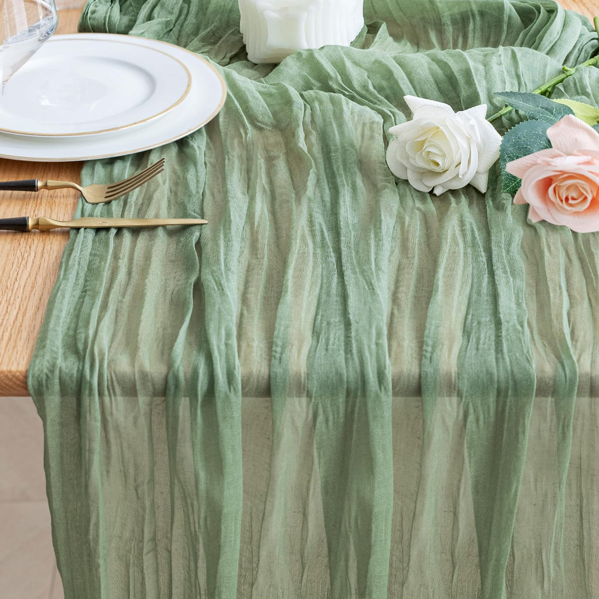 Wokceer Cheesecloth Table Runner Beige 10FT Boho Gauze Runner, 2 Pack