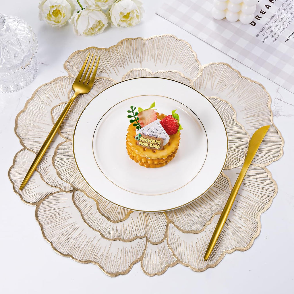 Placemats Set of 8, Gold Place Mats Pressed Rose Flowers Round Table Mats